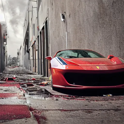 Image similar to hyper detailed and photorealistic, red ferrari, dust, humus, wet street, graffiti on wall, trash scattered, abandoned car garage, 8 k, uhd, after rain, cinematic