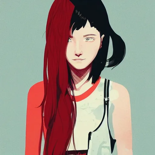 Prompt: Highly detailed portrait of a post-cyberpunk young lady with, freckles and cool hair by Atey Ghailan, by Loish, by Bryan Lee O'Malley, by Cliff Chiang, inspired by image comics, inspired by graphic novel cover art, inspired by nier, inspired by scott pilgrim !! Gradient red, black and white color scheme ((grafitti tag brick wall background)), trending on artstation