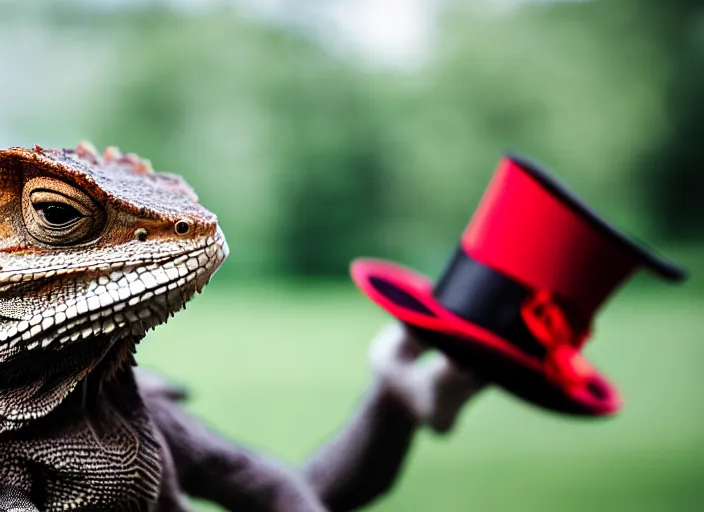 Prompt: dslr portrait still of a bearded dragon wearing a top hat and a red bowtie, 8 k 8 5 mm f 1. 4