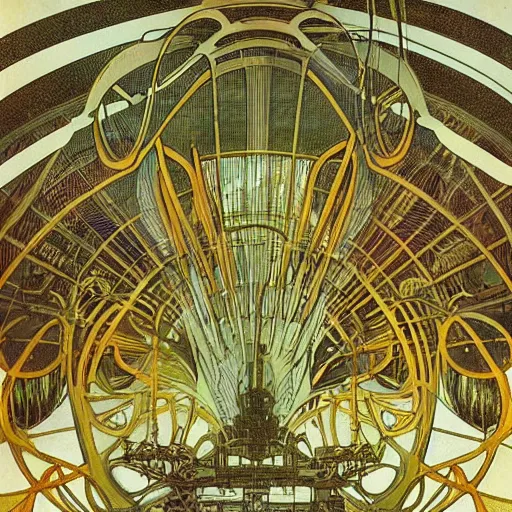 Prompt: 1 9 0 0 s photo overgrown zaha hadid alphonse mucha spaceship high - tech symmetry godrays haze ruins in jungle dripping sunlight