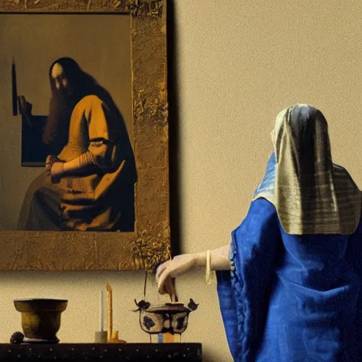 Image similar to An AI reimagining of The Art of Painting (1666) by Johannes Vermeer