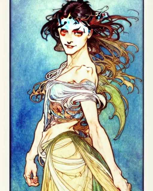 Image similar to in the style of artgerm, arthur rackham, alphonse mucha, phoebe tonkin, symmetrical eyes, symmetrical face, flowing blue skirt, full entire body, hair blowing, intricate filagree, hidden hands, warm colors, cool offset colors