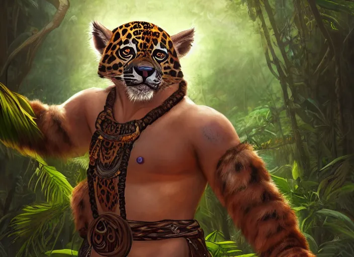 Prompt: character portrait feature of the anthro male anthropomorphic jaguar fursona animal person wearing shaman tribal outfit robes belt standing in the amazon rainforest, well framed character design stylized by charlie bowater, ross tran, artgerm, makoto shinkai, detailed, soft lighting, rendered in octane