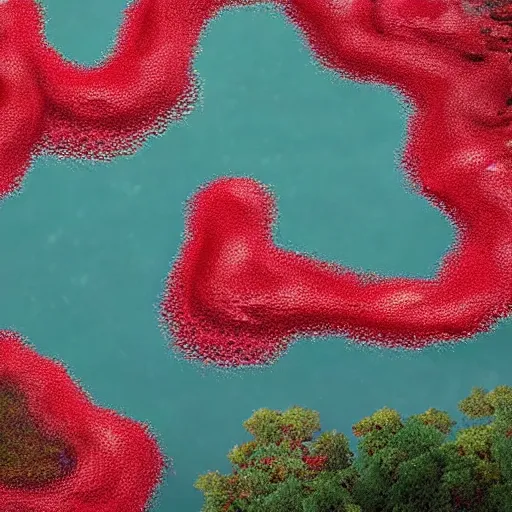 Image similar to hyper realistic photo of the river of blood, bodies floating downstream