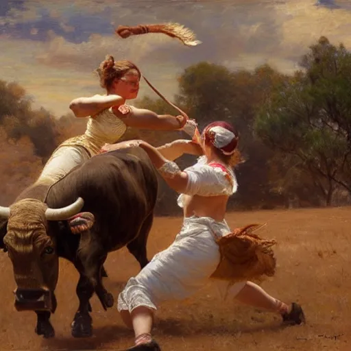 Image similar to a young girl killing a bull in a fight, highly detailed painting by gaston bussiere and j. c. leyendecker 8 k