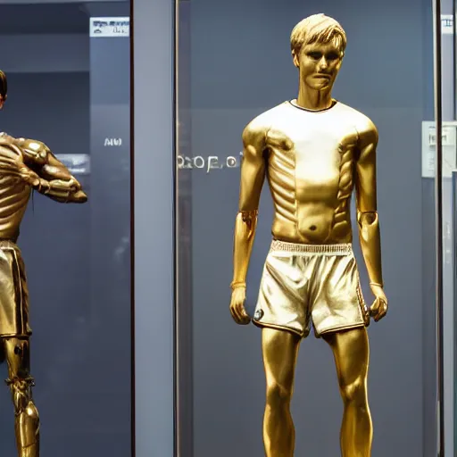 Image similar to a realistic detailed photo of a guy who is an attractive humanoid who is half robot and half humanoid, who is a male android, soccer players martin ødegaard, shiny skin, posing like a statue, blank stare, in a museum, on display, showing off his muscles, gold soccer shorts, no jersey, ground view, ceramic statue