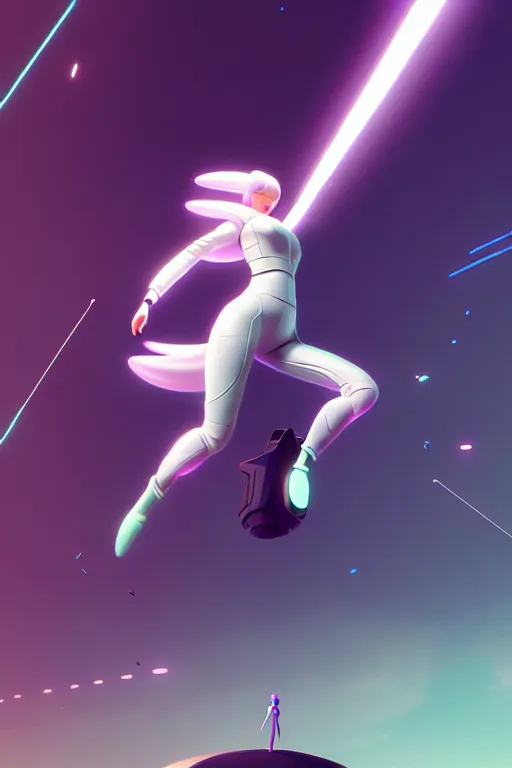 Prompt: android women jumping, scifi, futuristic design, bae suzy, long white hair, character design, cinematic lighting, highly detailed, by beeple, goro fujita, smooth gradient.