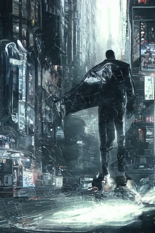 Image similar to in the foreground a Parisian street, in the background a dark-haired man from behind playing with swirls of black energy coming out of his hands wearing a long matrix-style jacket, realistic, high definition, many details, dramatic scene, detailed hands and realistic, symmetrical face, realistic eyes, cyberpunk art 2077