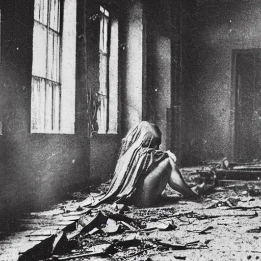 Image similar to 1860 photo of an ancient demon-girl devouring his own soul on an abandoned hospital, spooky