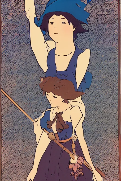 Image similar to Kiki's Delivery Service,A girl on a broomstick flying over the city sky,Medieval Cities ,geometric shapes, hard edges,by mucha and studio ghibli