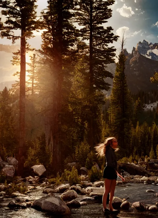 Prompt: gabby petito in grand teton national park, splash art, movie still, cinematic lighting, dramatic, octane render, 8 k, hyper detailed, 3 5 mm film grain