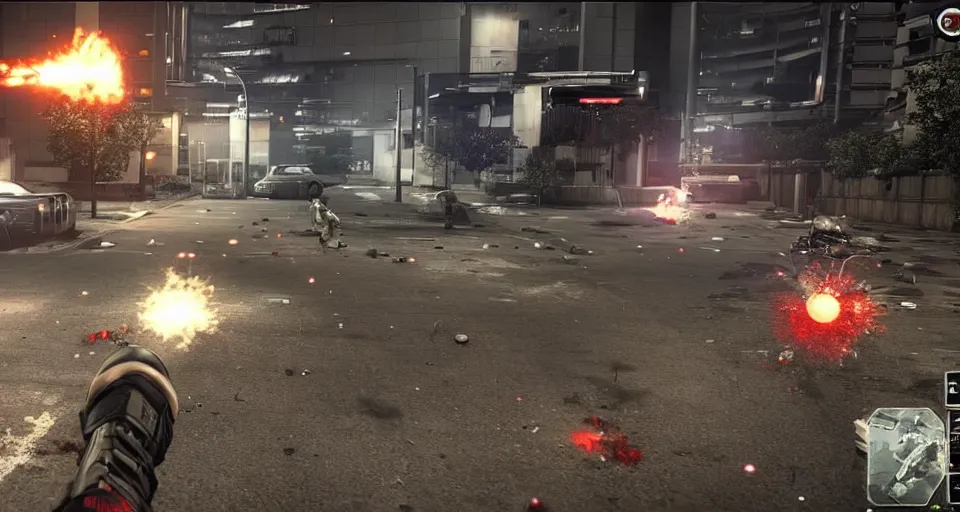 Image similar to 2011 Video Game Screenshot of Neo-tokyo Cyborg bank robbers vs police FPS, Set in Tokyo Bank Parking Lot, Dark, Multiplayer set-piece Ambush, Tactical Squads :10, Police officers under heavy fire, Suppressive fire, Pinned down, Destructible Environments, Gunshots, Headshot, Bullet Holes and Anime Blood Splatter, :10 Gas Grenades, Riot Shields, MP5, AK45, MP7, P90, Chaos, Anime Machine Gun Fire, Gunplay, Shootout, :14 FLCL + Akira, Cel-Shaded:17, Created by Katsuhiro Otomo + Arc System Works + miHoYo: 20