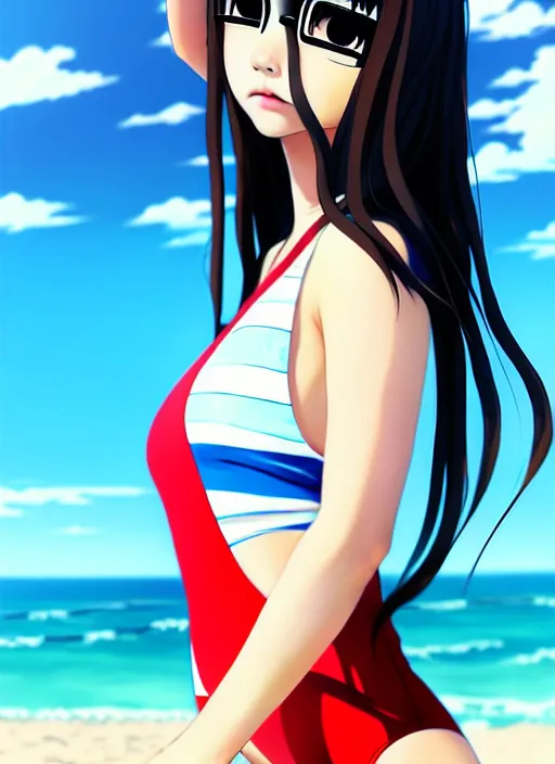 Image similar to ulzzang korean girl wearing one - piece swimsuit portrait, beach background, full body shot, ilya kuvshinov, anime, pixiv top monthly, trending on artstation, cinematic, danbooru, zerochan art, kyoto animation