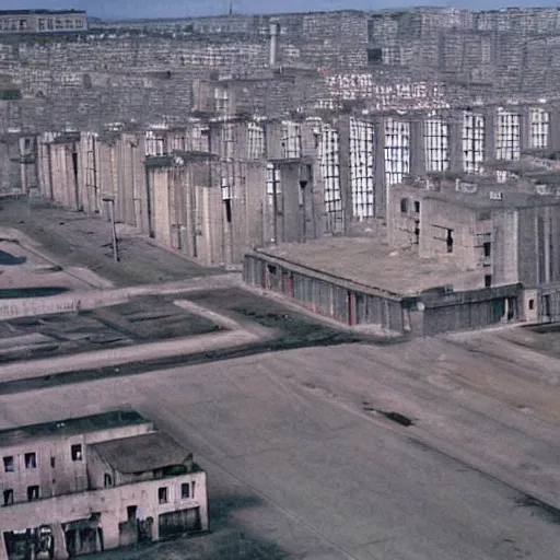 Image similar to brutalist city, prison city, totalitarian prison island, spotlights, military buildings, prison complex, colorized 1 6 mm photo