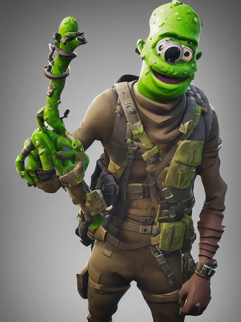 Image similar to fortnite character, anthropomorphic pickle, kind eyes and a derpy smile. flak jacket, ammo bandolier, cargo pants, black combat boots. fortnite style, unreal engine