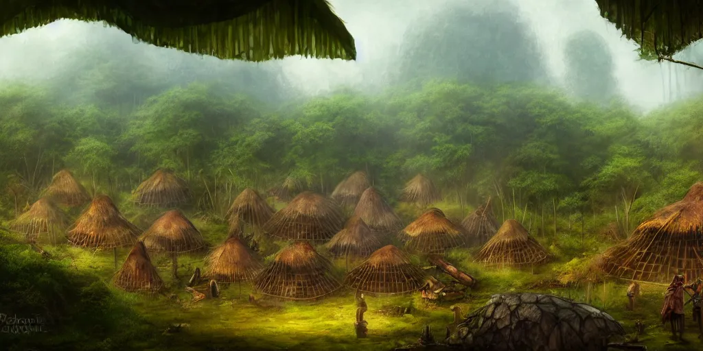 Image similar to a clearing in the jungle reveals a village full of merchant tents and mushroom huts, matte oil painting, science fantasy, retrofuturistic, biblical, rpg, queer, pride, epic, extremely detailed, sharp focus, 4 k