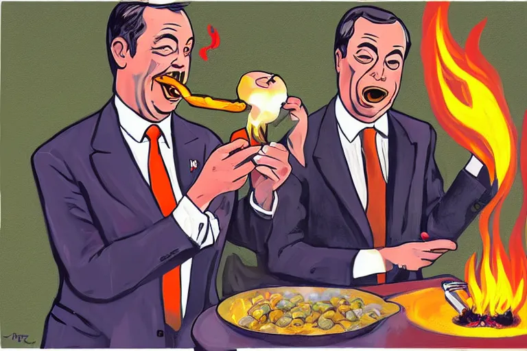 Prompt: a painting of nigel farage being spitroasted by two men over a fire with an apple in his mouth, digital art