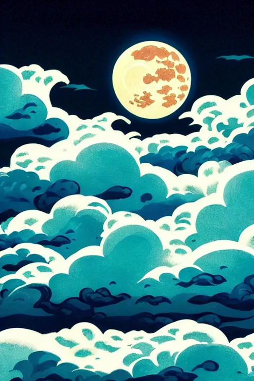 Prompt: full moon clouds ocean waves night only, scenery wallpaper aesthetic, beautiful, cinematic, dramatic, super detailed and intricate, hyper realistic, 4 k render, by darwyn cooke, by kentaro miura, by koson ohara, by hasui kawase, by wayne thiebaud