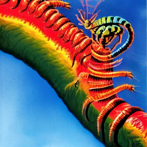 Prompt: a gigantic colorful transparent centipede flying over a chasm, frills, fins, rainbow, antennae, dark, frank frazetta