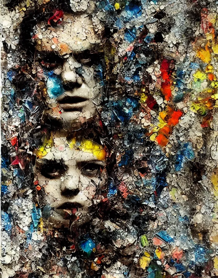 Prompt: badass bastard analogue mixed media collage with canvas texture in style of contemporary art, punk art, realistic emotional face, expressionism, masterpiece, spectacular quality, intricate oil details, broken glass, torn paper, large cracks, liquid paint spots, vivid harmonic colors, harmonic composition