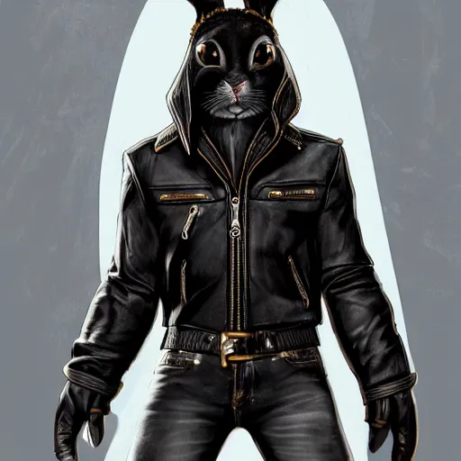 Prompt: A bunny with a small head wearing a fine intricate leather jacket and wearing fine intricate leather jeans and leather gloves, standing in front of a white background, trending on FurAffinity, energetic, dynamic, digital art, highly detailed, FurAffinity, high quality, digital fantasy art, FurAffinity, favorite, character art