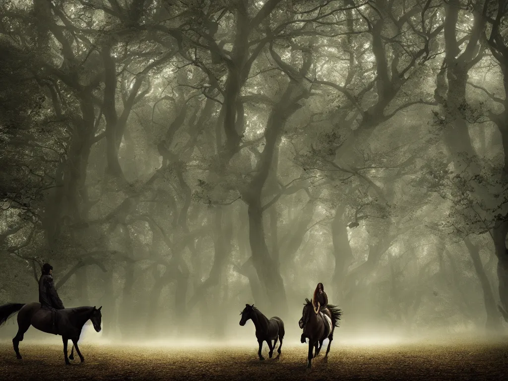 Prompt: a woman ridingon a strong black horse through a oak and beech forrest, rays of life, cinematic, fantasy art, moody morning light, cryengine, trending on artstation, by peter jackson