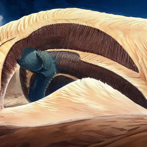 Prompt: dune sandworm with the face of Joe Biden; sand dunes in background artstation