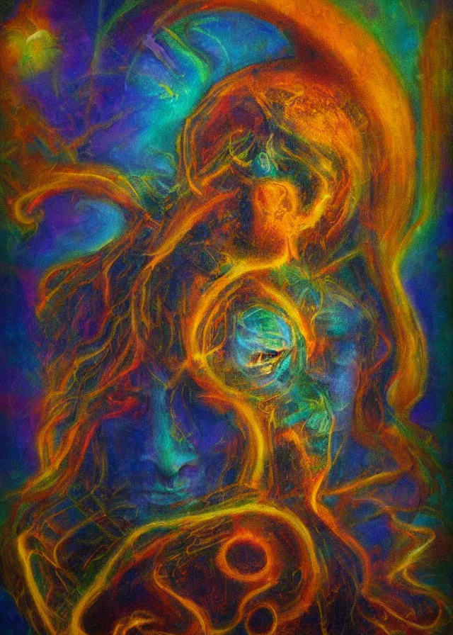 Image similar to unholy deva of the golden mythos beloved (dreamy) gnostic fog, award winning oil painting, chromatic aberration sharp colors