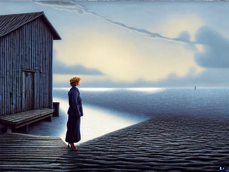 Image similar to a woman standing on a forgotten wharf on a cold sea by rob gonsalves and vladimir kush and ruth deckard and gil elvgren and harry ekman and george petty, crisp details, hyperrealism, high detail, high contrast, low light, grey mist, cobblestones, dim lantern