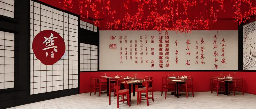 Image similar to a beautiful simple interior render of roasted string hotpot restaurant restaurant yan'an, wall corner, from china, red paper wall and white tile floor, with merchant logo, fine simple delicate structure, chinese style, simple composition, simple style structure decoration design, victo ngai, 4 k hd