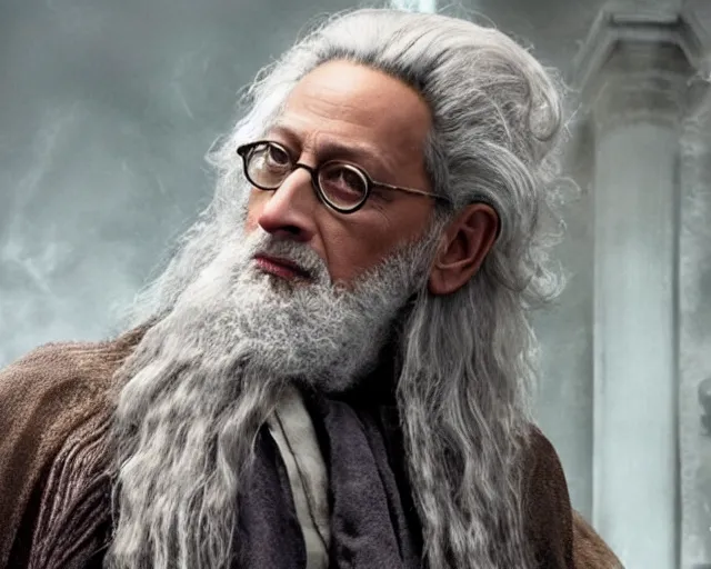 Image similar to jeff goldblum casted as dumbledore in a scene from harry potter