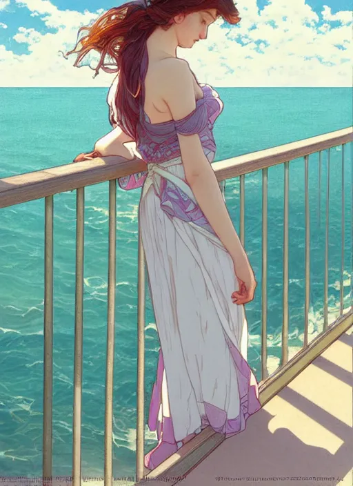 Image similar to pretty young woman leaning against the railing at the beach, path traced, highly detailed, high quality, digital painting, by studio ghibli and alphonse mucha, leesha hannigan, makoto shinkai, disney