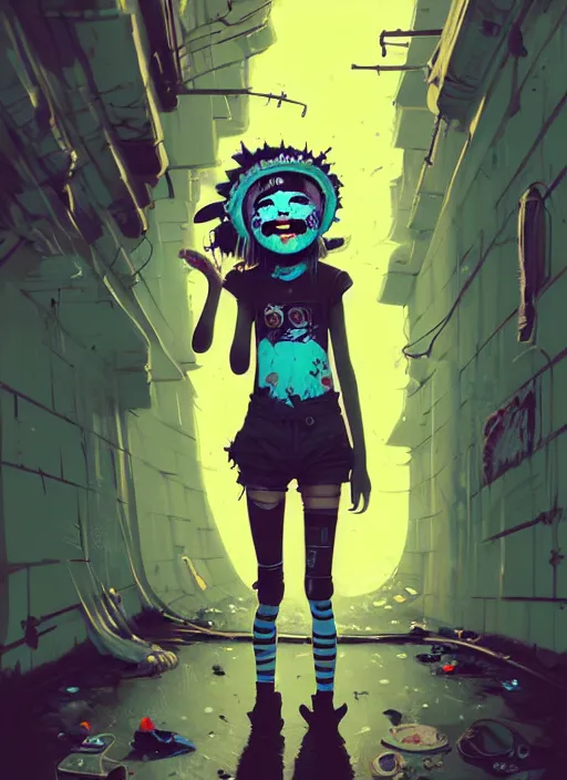 Image similar to highly detailed portrait of a sewer punk young lady with white graffiti face paint by atey ghailan, james gilleard, by joe fenton, by greg rutkowski, by greg tocchini, by kaethe butcher, 4 k resolution, gradient yellow, black, brown and cyan color scheme, grunge aesthetic!!! ( ( dystopian graffiti tag wall in background ) )