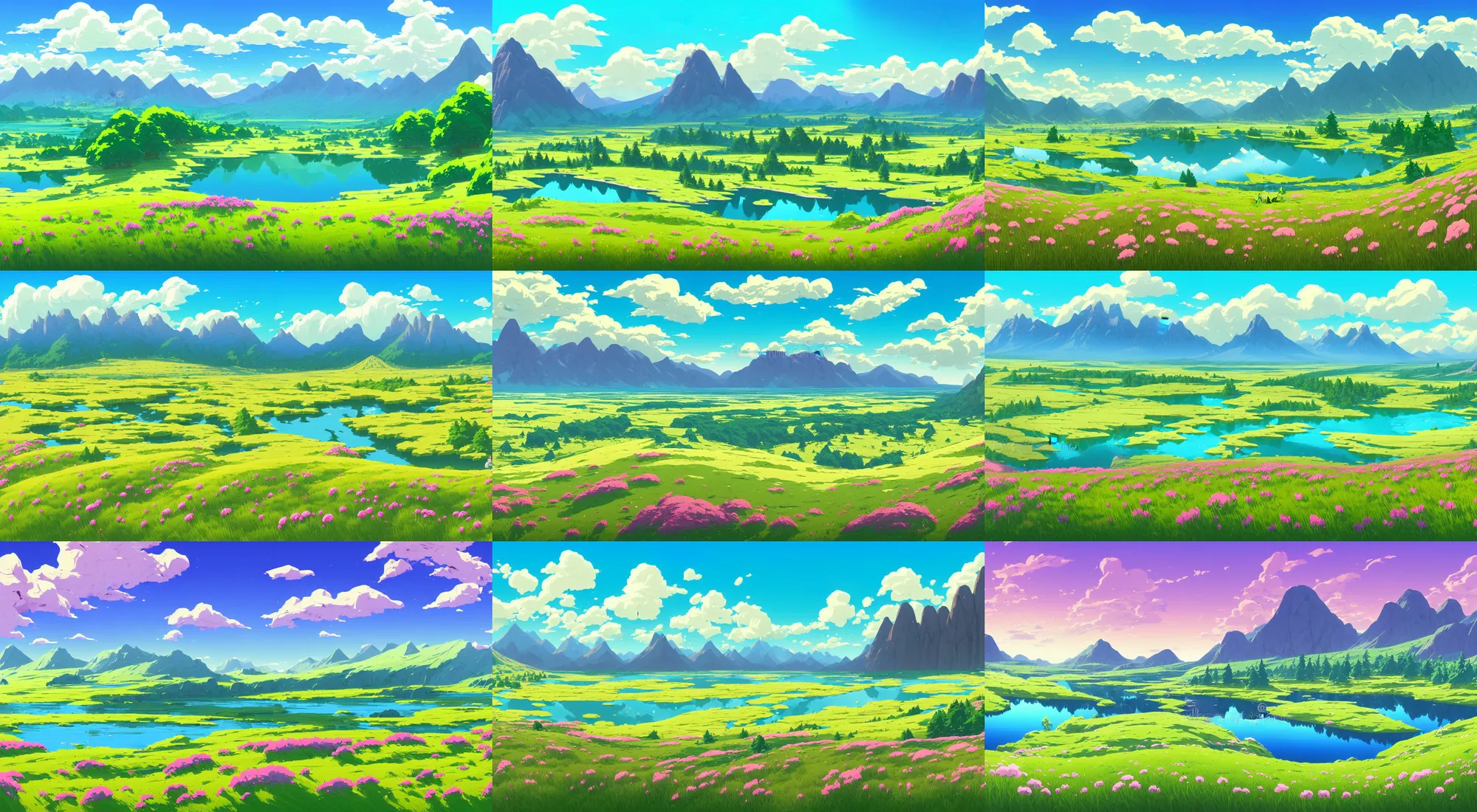 Prompt: Mountain lake landscape Cartoon panorama of spring summer beautiful nature, green grasslands meadow with flowers, forest, scenic blue lake and mountains on horizon background, vector illustration, in marble incrusted of legends heartstone official fanart behance hd by Jesper Ejsing, by RHADS, Makoto Shinkai and Lois van baarle, ilya kuvshinov, rossdraws global illumination