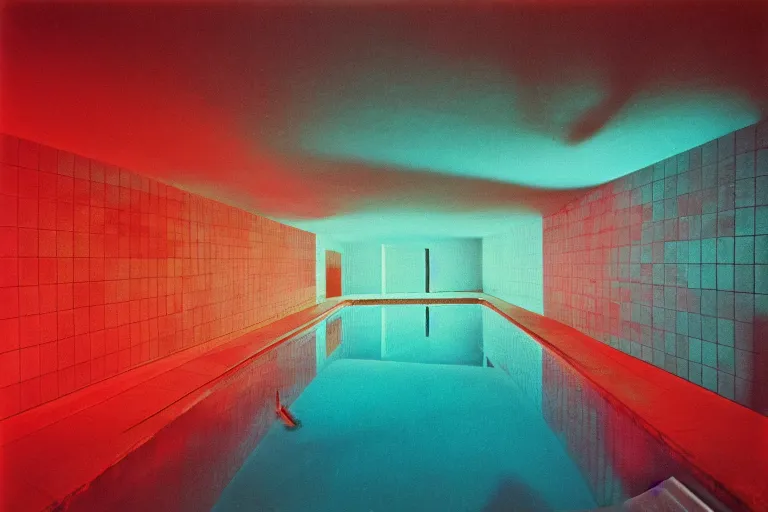 Prompt: non euclidean swimming pool tunnels, 1 9 6 0 s, color bleed, ektachrome photograph, volumetric lighting, f 8 aperture, cinematic eastman 5 3 8 4 film stanley kubrick