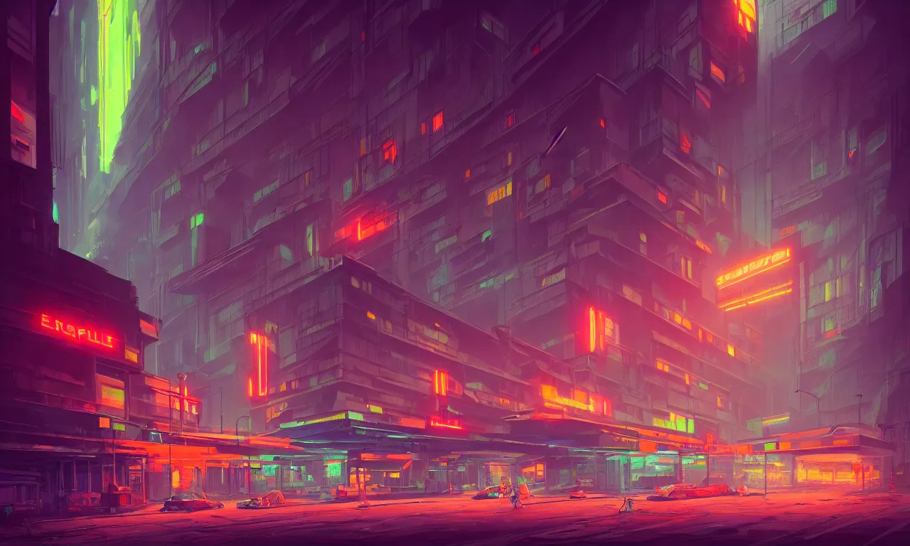 Image similar to brutalist architecture, colorful neon lighting, neon signs, raphael lacoste, eddie mendoza, alex ross, concept art, matte painting, highly detailed, rule of thirds, dynamic lighting, cinematic, detailed, denoised, centered