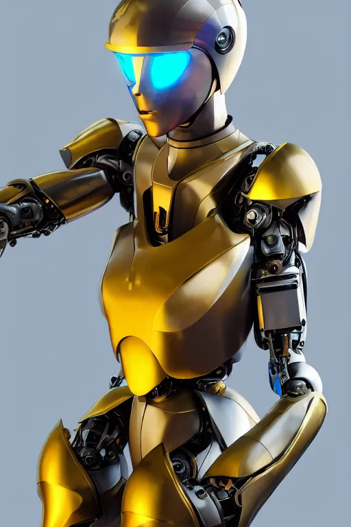Image similar to maria of metropolis, humanoid robot, golden full body armor, beautiful helmet in the shape of a face, cyborg eyes glowing yellow, scifi, futuristic, raytracing, glowwave, sharp focus, cinematic lighting, artstation, divine, unreal engine 5 rendered, by fritz lang, art style by pixar warner bros dreamworks disney riot games and overwatch