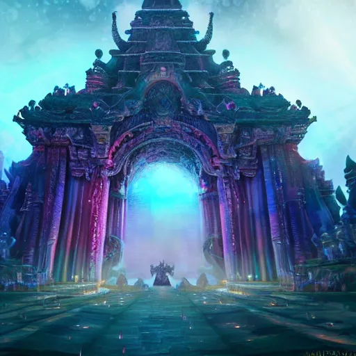 Image similar to a biggest temple of the universe in the magical world, magical creatures worshipping their god, sharp image , photo realistic, foggy ,hyperreal, hyperdetailed, 8k , glowing effect