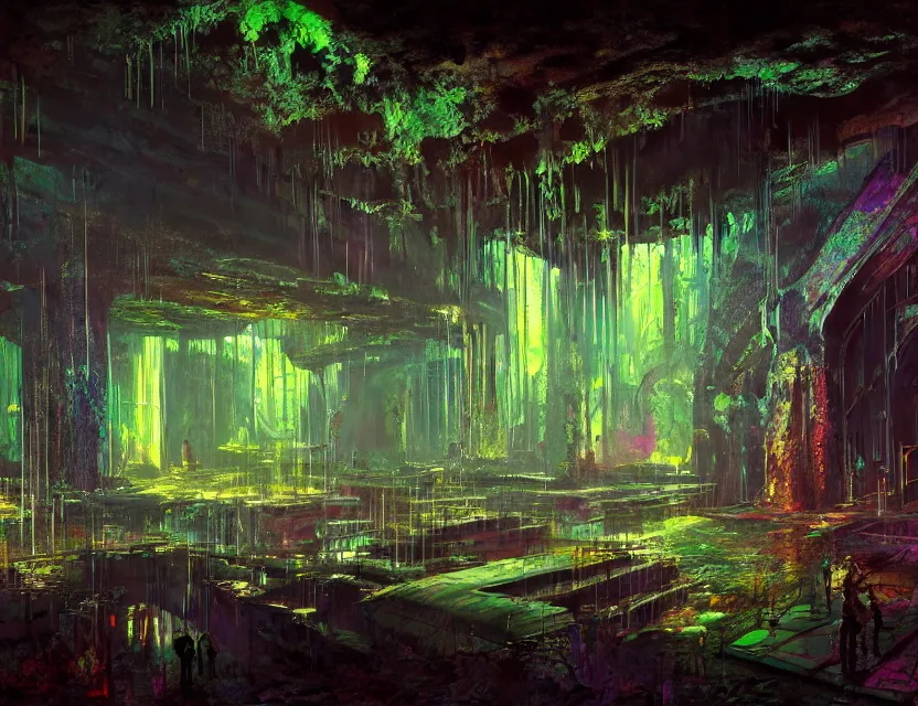 Prompt: cyberpunk nightclub in a mossy dripstone cave. oil painting by award - winning concept artist. backlighting, chiaroscuro, field of depth.