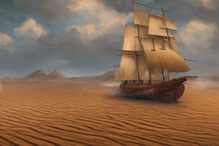 Prompt: clipper ship sailing through a sand desert, surrounded by sand, sand, desert, clean sails, illustration, fantasy novel cover art