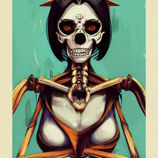 Image similar to anime manga skull portrait young woman skeleton, bart simpson, painterly, logo, graffiti, elegant, highly detailed, digital art, art by jc leyendecker and sachin teng