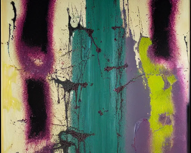 Prompt: abstract painting in black, dark green, purple, painted by Pat Steir, Julian Schnabel, Helene Frankenthaler, abstract painting. 8k, dripping paint, paint drips, extreme detail, intricate detail, masterpiece