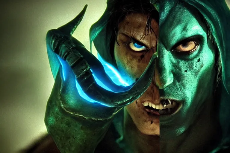 Image similar to vfx film, soul reaver, raziel irl, price of persia movie, missing jaw, hero pose, devouring magic souls, glowing green soul blade, in epic ancient sacred huge cave temple, flat color profile low - key lighting award winning photography arri alexa cinematography, hyper real photorealistic cinematic beautiful, atmospheric cool colorgrade