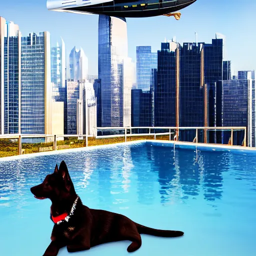 Image similar to a swanky gsd puppy relaxing at a swanky pool on a swanky penthouse rooftop with a futuristic blimp anchor in the background, futuristic cityscape, 8K, 4K, photorealistic, ultrarealistic, UE5, Octane, 3D, digital art, RTX, Ray Tracing, Bokeh, happening vibe