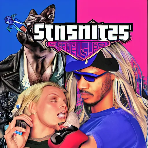 Prompt: SNES graphics playing Xbox 360 but it's a Sega Genesis making out with Britney Spears making out with Snoop Dogg in GTA, cover art by Stephen Bliss, artstation