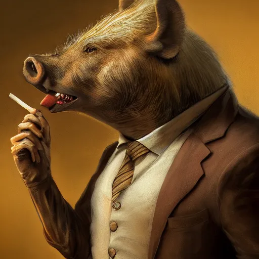 Prompt: a portrait of a boar wearing a white suit, smoking a cigar, gorgeous, intricate, elegant, volumetric lighting, scenery, high detail digital art, smooth, tony sart, randy vargas, rembrandt, sharp focus, illustration, concept art