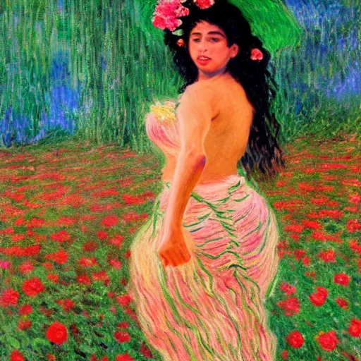 Prompt: beautiful tan mexican woman, full body, dancing in a field of roses and many other exotic flowers, prominent rosy cheek bones, black hair and brown eyes, monet and da vinchi art style,