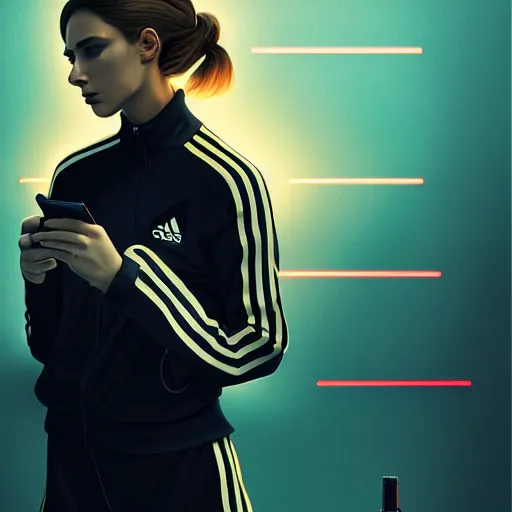 Prompt: portrait of attractive slav heroine wearing an addidas tracksuit with a phone in hand. illuminated phone screen, by greg rutkowski and wlop, detailed, cinematic, 8 k, intricate, rule of thirds.