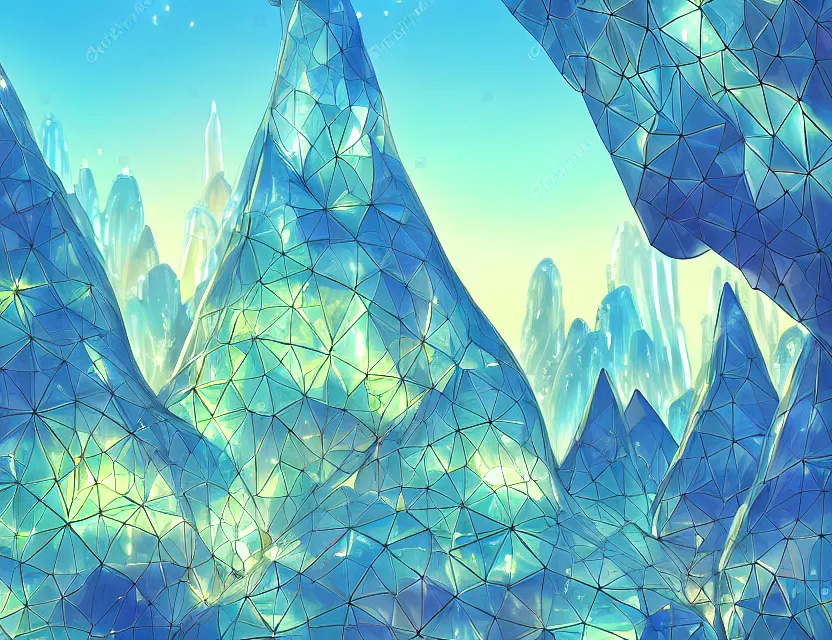 Prompt: beautiful futuristic crystal architecture with organic shapes, plants growing on it. gouache, limited palette with complementary colors, by award - winning mangaka, backlighting, depth of field.