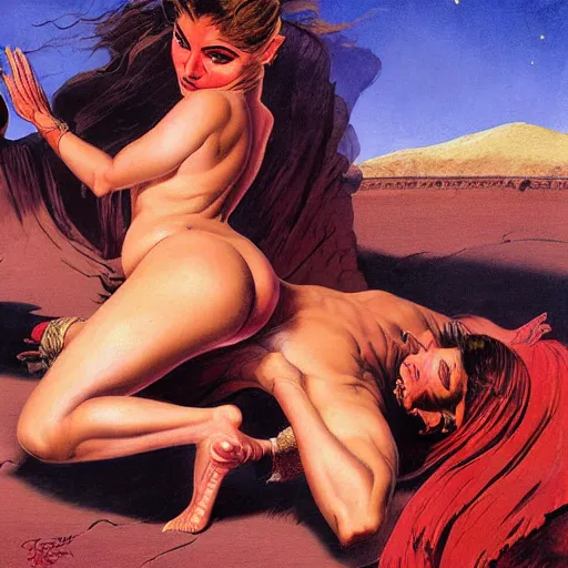 Image similar to Silk sheet desert ecstasy Bedouin under crimson azure diamond sky, in the style of Frank Frazetta, Jeff Easley, Caravaggio, extremely clear faces coherent, clear lines, 8K revolution